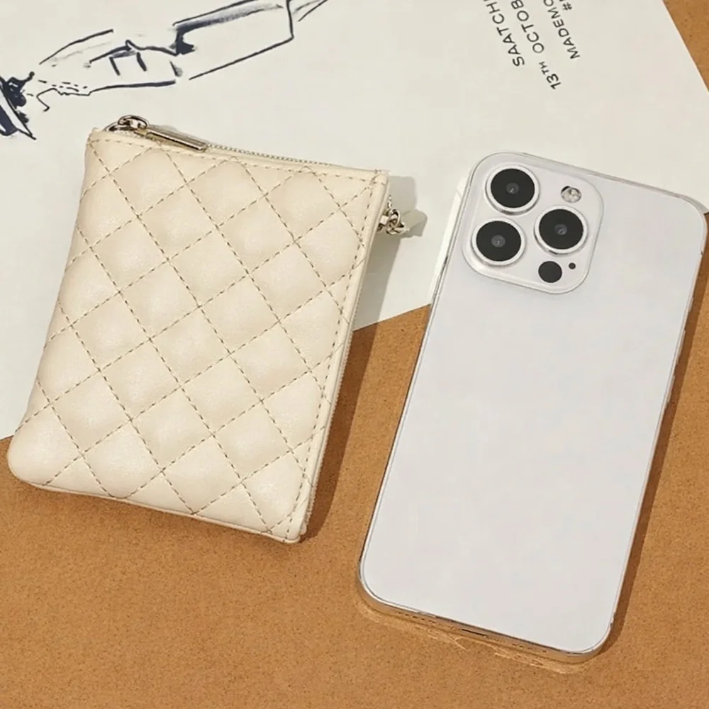 Cream Quilted Mini Zip Pouch Coin Purse Card Wallet Organizer